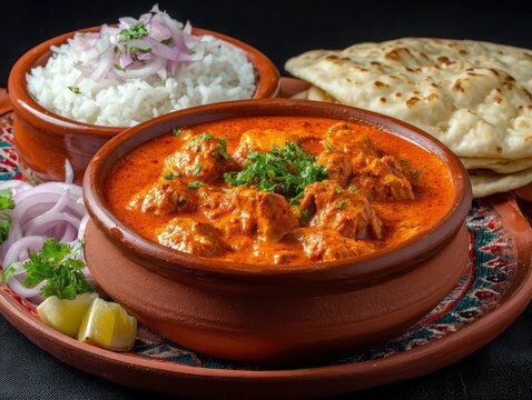 A terra cotta bowl of chicken tikka masala sits on a tray accompanied by rice onions lemon and naan bread