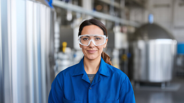 Female factory worker wearing safety goggles in industrial facility. Woman engineer in blue uniform with protective eyewear, manufacturing plant portrait, professional technician, workplace safety.