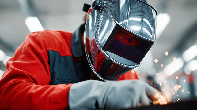 Welder in protective helmet and red uniform working with metal, sparks flying. Industrial worker using welding equipment, safety gear, manufacturing process, skilled metalwork, fabrication workshop.