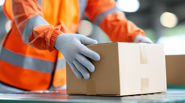 Warehouse worker in orange safety vest and gray gloves handling cardboard boxes on conveyor belt. Logistics employee sorting packages, distribution center operations, shipping fulfillment process.