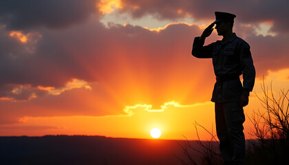 Soldier saluting at sunset, silhouette of military man with dramatic sky