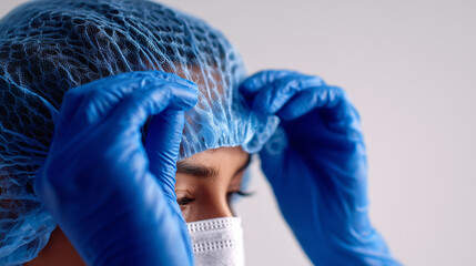 Medical worker adjusting surgical cap and protective mask in hospital. Healthcare professional preparing for sterile procedure. Safety protocol, hygiene standards, clinical environment concept.