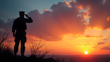 Soldier saluting the sunset, a symbol of honor and remembrance