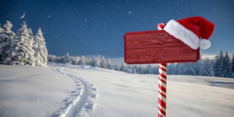 Winter snowy landscape with wooden signpost wearing Santa hat, festive holiday scene, Christmas season outdoor decoration
