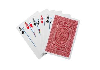 photorealistic still life of a fanned, hyperdetailed four aces poker hand and a face-down card with red vintage pattern, isolated on transparent studio backdrop, concept of decisive victory and