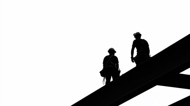 Construction workers in safety helmets and harnesses installing steel beams on roof. Silhouette of builders working at height. Industrial safety, teamwork, building construction, labor protection.