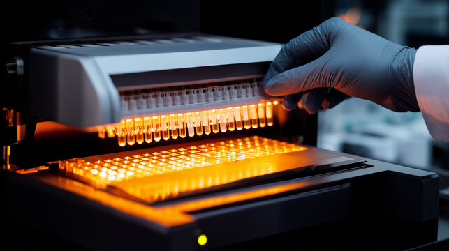 Laboratory technician in blue gloves handling sample tubes in automated analyzer with orange illumination. Medical testing equipment, clinical diagnostics. Biotechnology research, pharmaceutical lab.