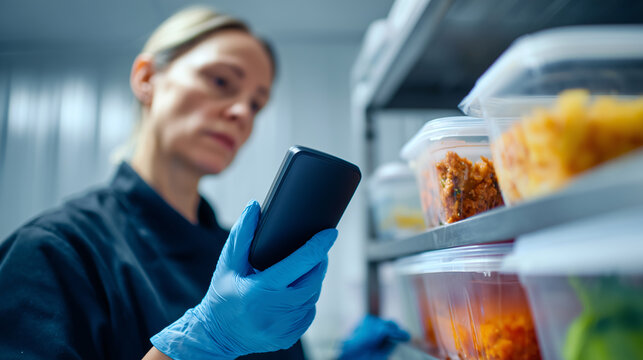 Quality control worker scanning barcode on meal containers in commercial kitchen. Food storage inspection with smartphone, hygiene compliance. Restaurant inventory management, food safety standards.