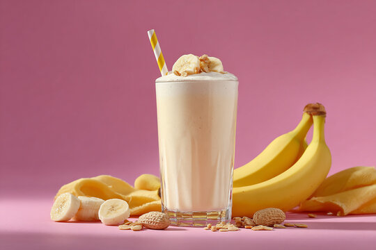 A tall glass filled with a creamy banana smoothie is garnished with sliced bananas and oat flakes served on a pink background with bananas and peanuts