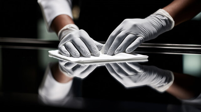 Professional cleaning gloved hands wiping reflective surface with cloth. Hygiene maintenance, sanitation service, sterile environment. Industrial cleaning standards, quality control, spotless concept. - Powered by Adobe