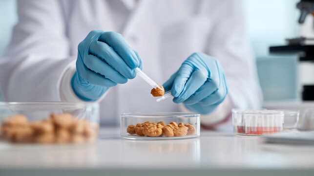 Food scientist testing allergen samples with pipette in laboratory. Quality control worker analyzing food safety, conducting allergen testing on nuts. Professional wearing gloves, sterile environment.