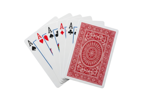 photorealistic still life of a fanned, hyperdetailed four aces poker hand and a face-down card with red vintage pattern, isolated on transparent studio backdrop, concept of decisive victory and