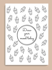 Mood tracking page with funny bublle tea, cute vector monthly planner