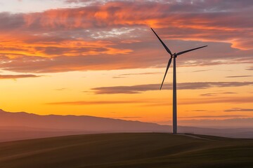 Wind turbine at sunset with dramatic clouds and distant mountains