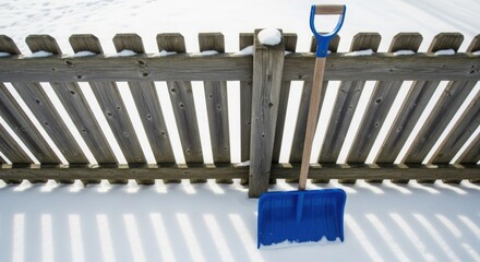 Blue snow shovel leaning against a wooden fence in the snow