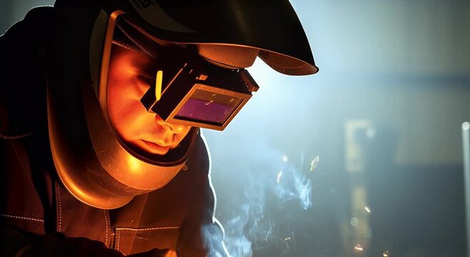 Welder working with protective shield and sparks