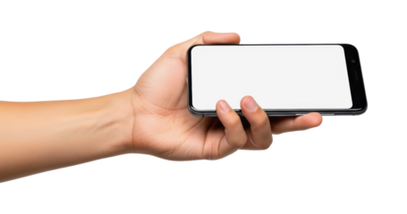 Hand holding black smartphone horizontally with blank white screen mockup isolated on white background