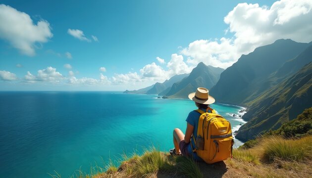 Woman hiker with backpack admires scenic coastal view. She sits on cliffside edge looking at blue ocean. Mountain range frames seascape. Calm sea and sky create serene mood.