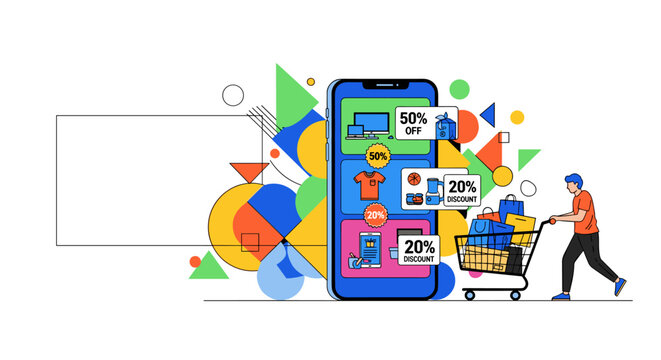 A customer pushes a shopping cart filled with packages towards a large smartphone displaying various online deals, symbolizing modern e-commerce convenience.