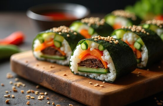 Close up photo of samgak gimbap. Korean triangular rice rolls with seaweed. Healthy food breakfast with veggies. Fresh sushi snack. Delicious dish served on wooden board.