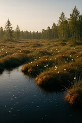 Cotton grass bog in evening calm