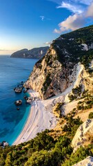 Fototapeta premium Scenic view of turquoise water meeting a white sandy beach with rocky cliffs under a partly cloudy sky