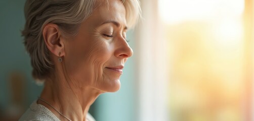 Mature woman meditating with closed eyes, experiencing inner peace. She practices deep breathing, finding calm in her home. Her face shows gentle relaxation, promoting wellness and mindfulness.