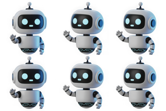 Cute cartoon robot waving hello, isolated on white background, 3d render isolated on transparent background
