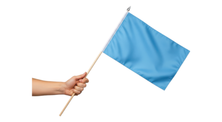 Hand Holding Blank Light Blue Rectangular Flag Mockup Isolated on White Background