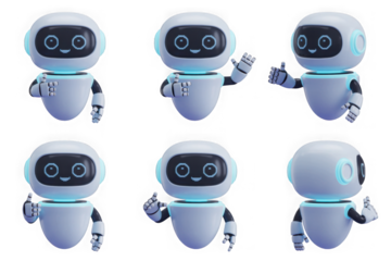 Cute robot character set with different gestures and expressions isolated on transparent background