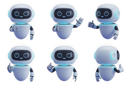 Cute robot character set with different gestures and expressions isolated on transparent background