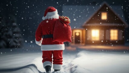 Santa Claus walks through a snowy night, delivering gifts to a house.