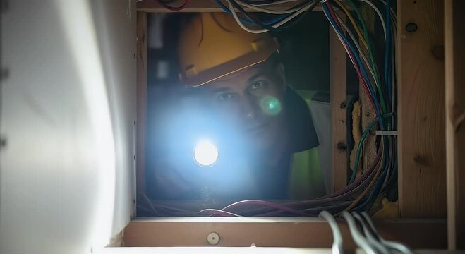 Electrician inspecting wiring in construction site