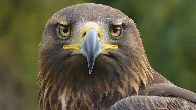 Close-up of golden eagle with piercing gaze and hooked beak against blurred green background