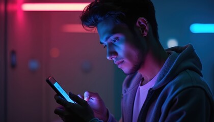 Young man using phone in dark space. He browses digital device at night. Neon lights illuminate his face. Male holds smartphone looking at screen indoors.
