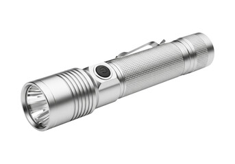 A silver metallic flashlight with a ribbed body and a single black button on top, isolated on a white background