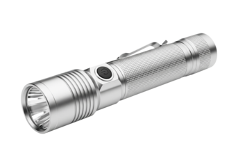 A silver metallic flashlight with a ribbed body and a single black button on top, isolated on a white background