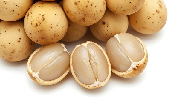 Fresh Langsat Tropical Fruit Cut Open on White Background