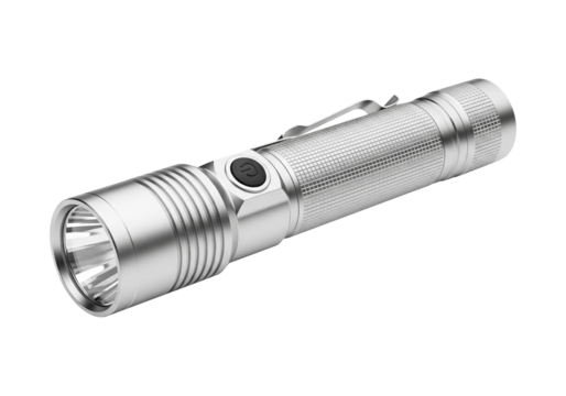A silver metallic flashlight with a ribbed body and a single black button on top, isolated on a white background