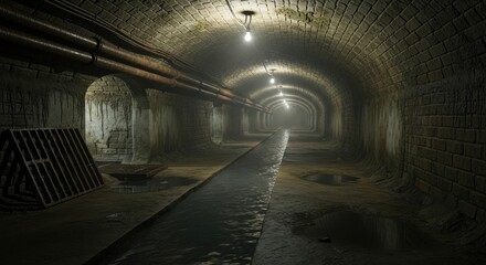 Obraz premium Atmospheric and Dimly Lit Underground Brick Tunnel with Pipes and Water Channel