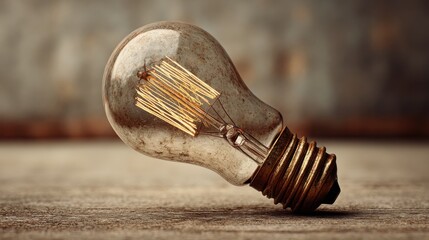 Antique light bulb with glowing filament on wood