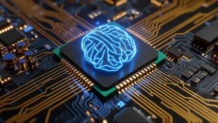 AI Brain Icon Activating on CPU Chip of Advanced Circuit Board - Powered by Adobe