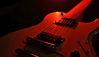 Close-up of a white electric guitar with red lighting against a dark background
