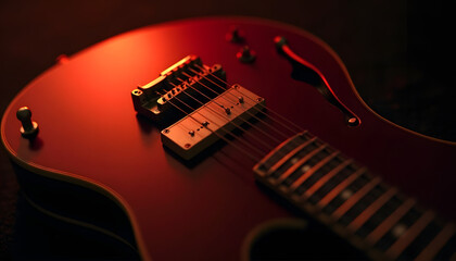 Close-up of a red electric guitar with a warm, inviting glow