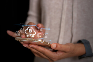 Digital cryptocurrency cloud payment with global logistics icons displayed above a smartphone, representing fintech, blockchain, and online transactions.