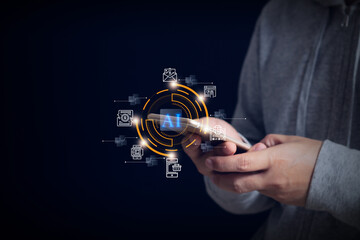 Businessman using smartphone with digital banking and finance icons,Close-up of hands holding smartphone with digital payment interface and financial icons.