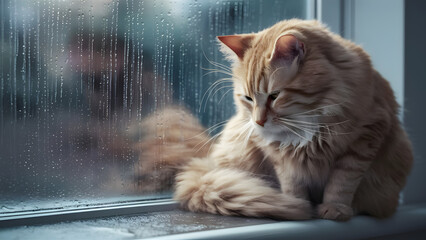 Sad orange fluffy cat looking out a window on a rainy day with water droplets on the glass