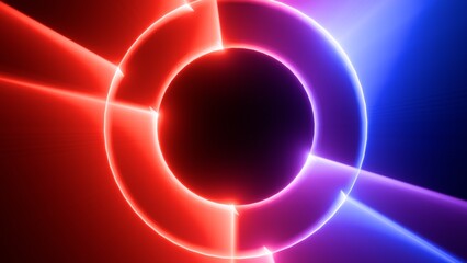 Abstract Neon Tunnel Background, Glowing Red and Blue Rings Creating a Futuristic Cyber Space Vortex