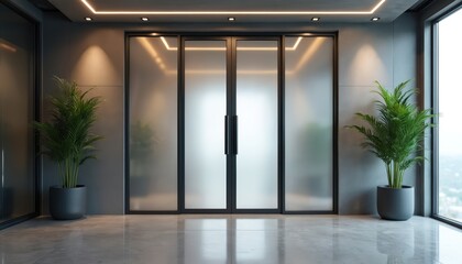 Interior with frosted glass door in black frame. Modern office design with plants in pots. Stylish gray decor with light on ceiling. Workplace concept with elegant architecture elements.