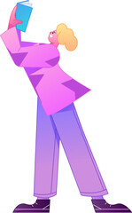 Vector flat gradient illustration of a character reading a book.

